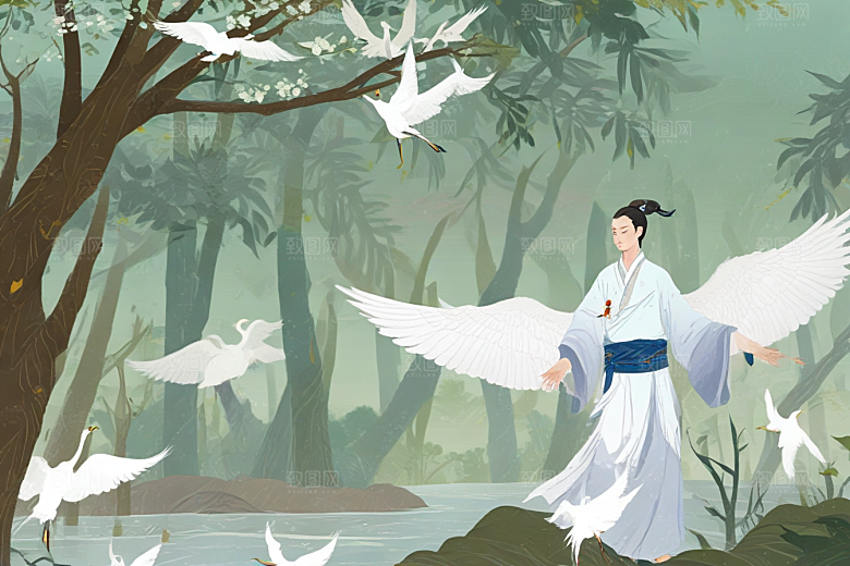 古风插画仙气古人白鹤图图片