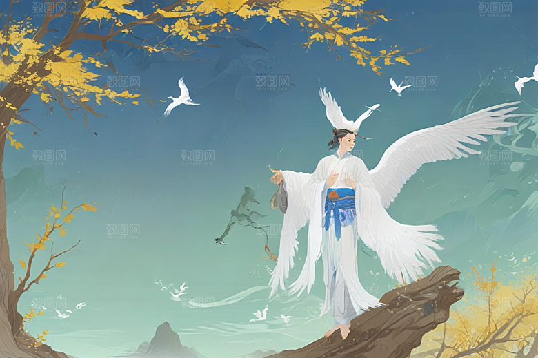 古风插画仙气古人白鹤图图片