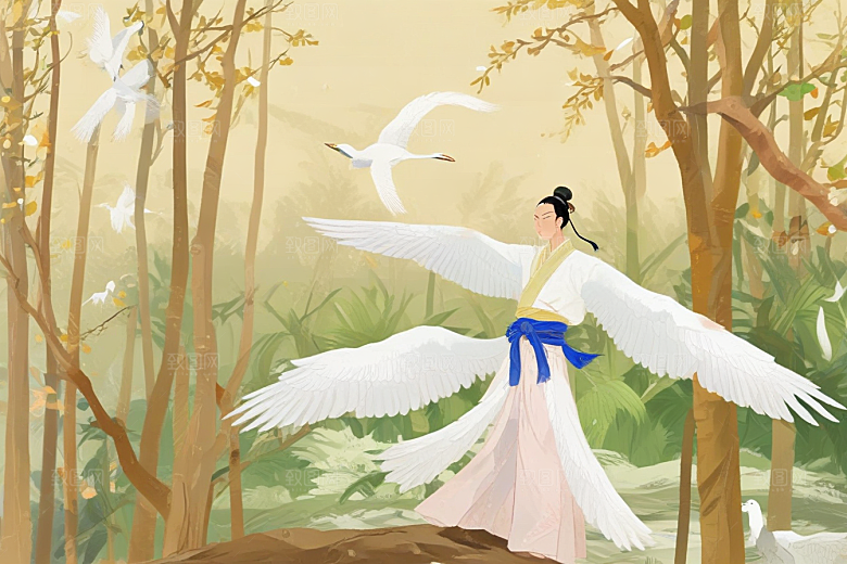 古风插画仙气古人白鹤图图片