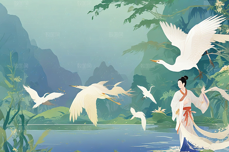 古风插画仙气古人白鹤图图片