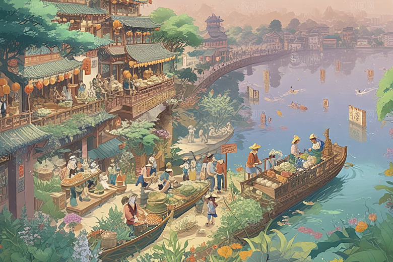 古风插画繁荣古代市井生活图片