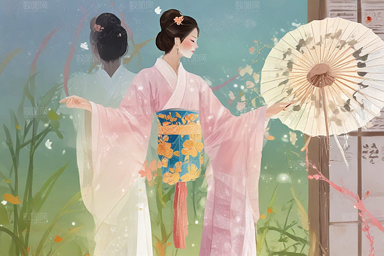 图绘粉衣女子温婉大气似诗如画图片