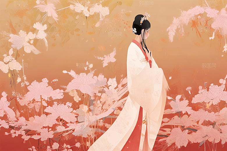 图绘粉衣女子温婉大气似诗如画图片