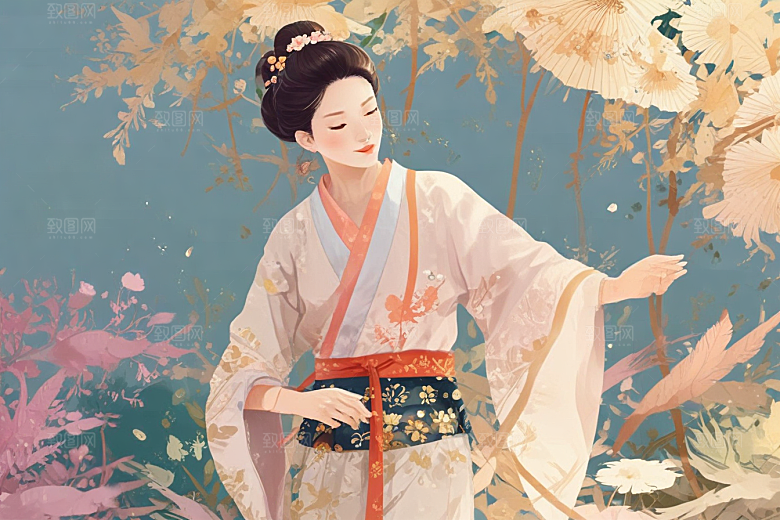 图绘粉衣女子温婉大气似诗如画图片
