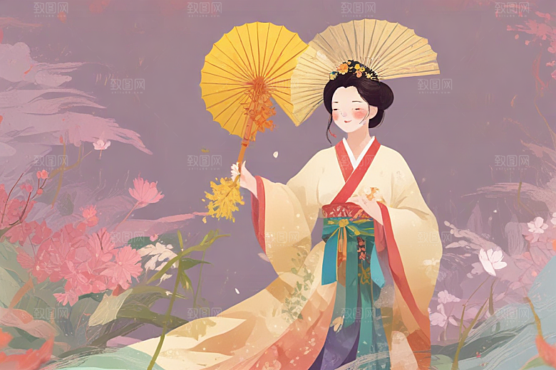 图绘粉衣女子温婉大气似诗如画图片