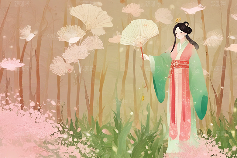 图绘粉衣女子温婉大气似诗如画图片