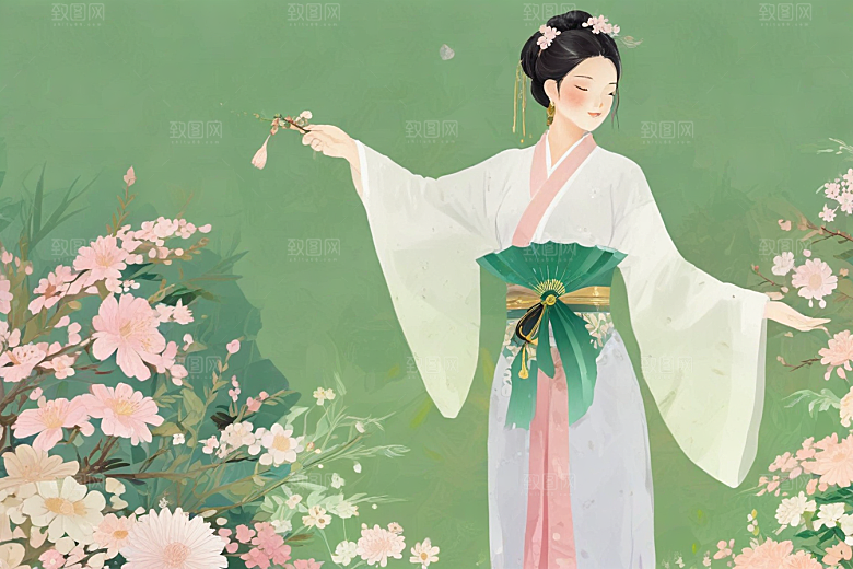 图绘粉衣女子温婉大气似诗如画图片