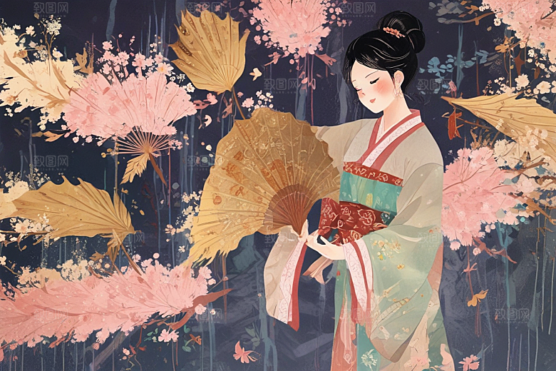 图绘粉衣女子温婉大气似诗如画图片
