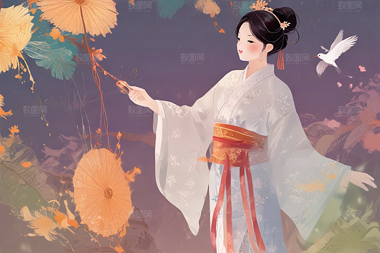 图绘粉衣女子温婉大气似诗如画图片
