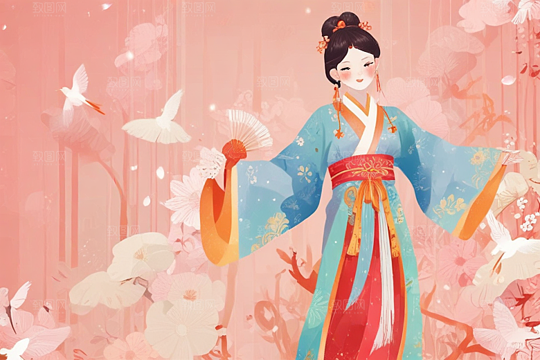 图绘粉衣女子温婉大气似诗如画图片