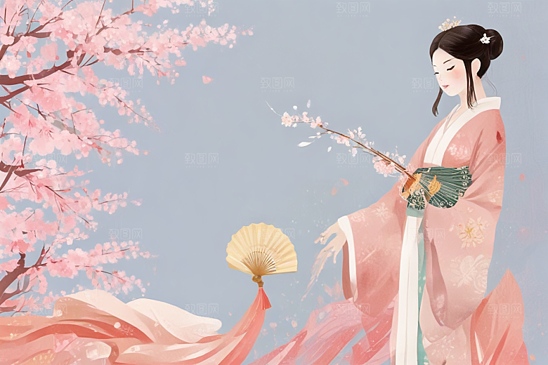 图绘粉衣女子温婉大气似诗如画图片