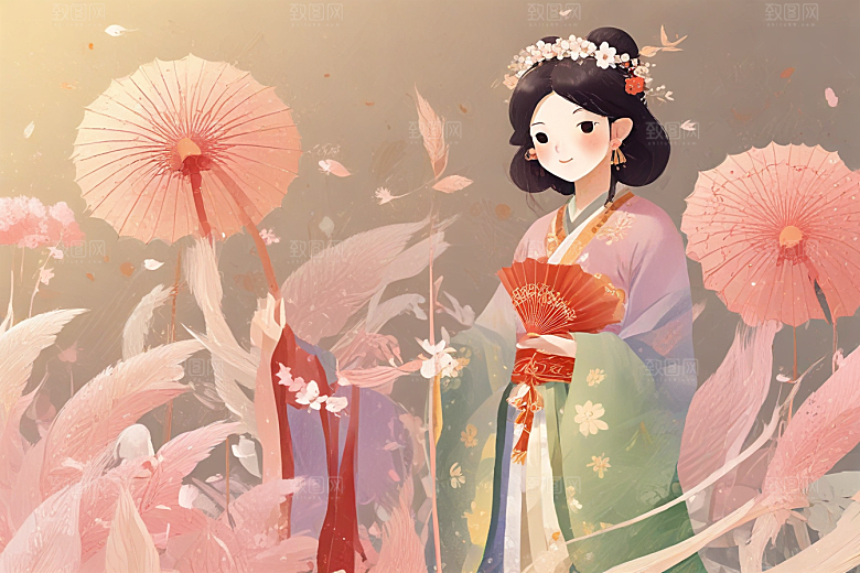 图绘粉衣女子温婉大气似诗如画图片