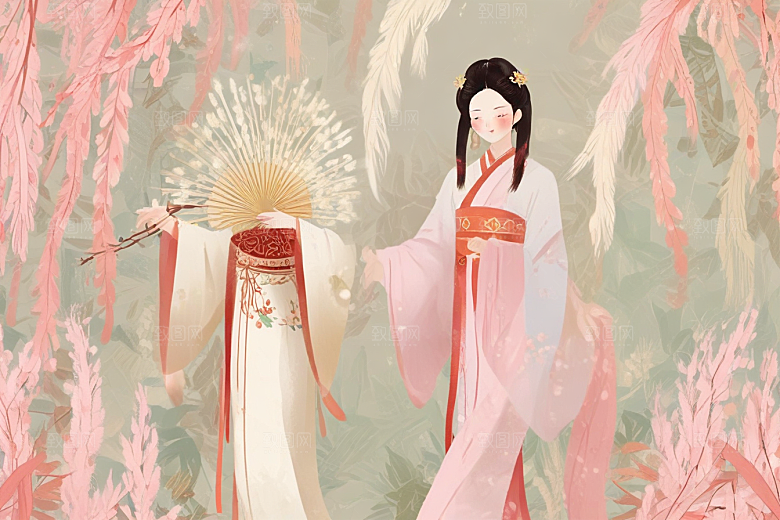 图绘粉衣女子温婉大气似诗如画图片