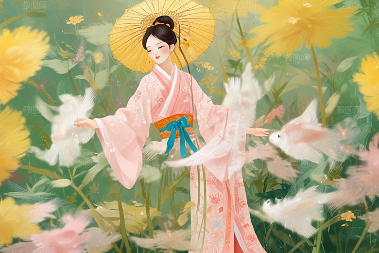 图绘粉衣女子温婉大气似诗如画图片