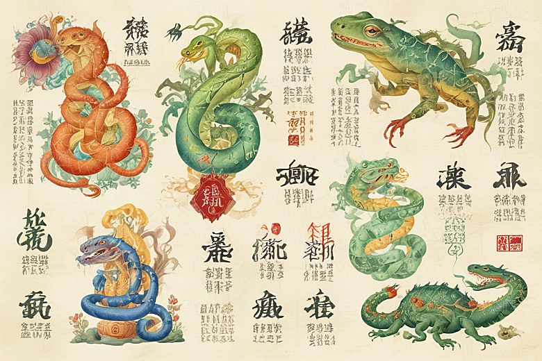 神秘植物缠绕中国风蛇图集图片