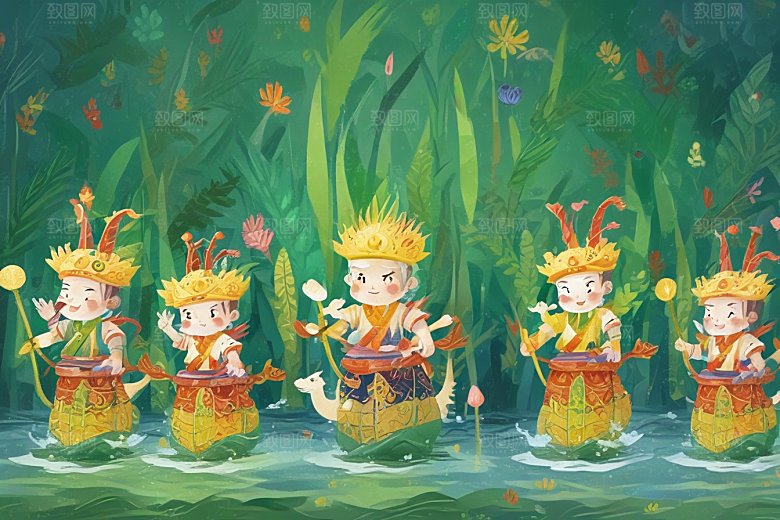 夜晚湖面龙舟游弋光影奇幻图片