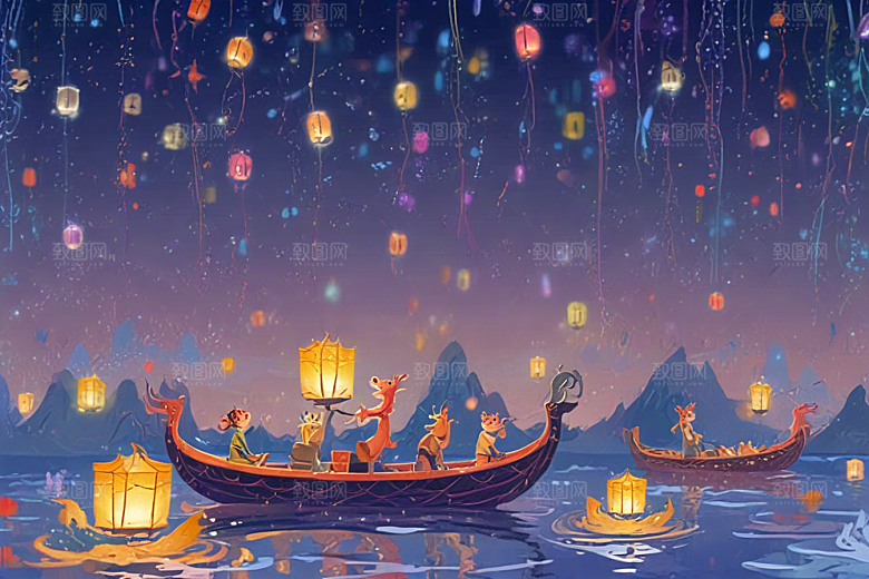 夜晚湖面龙舟游弋光影奇幻图片