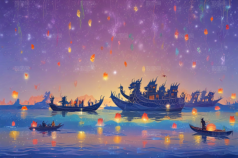 夜晚湖面龙舟游弋光影奇幻图片