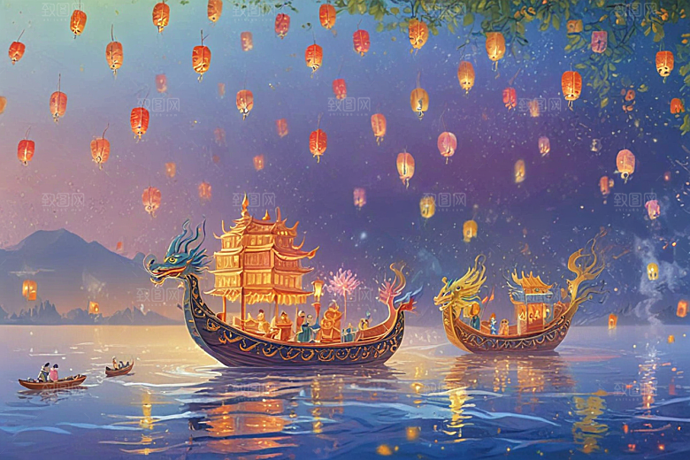 夜晚湖面龙舟游弋光影奇幻图片