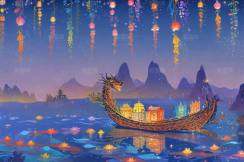 夜晚湖面龙舟游弋光影奇幻图片