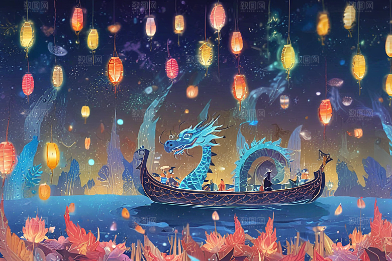 夜晚湖面龙舟游弋光影奇幻图片