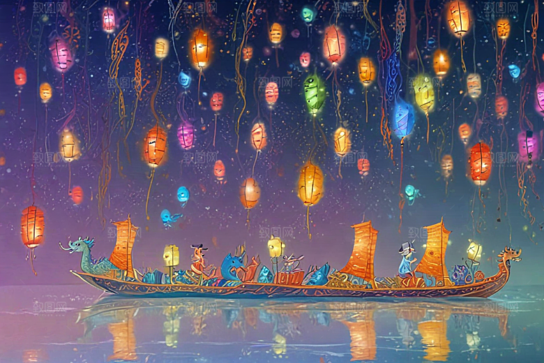 夜晚湖面龙舟游弋光影奇幻图片