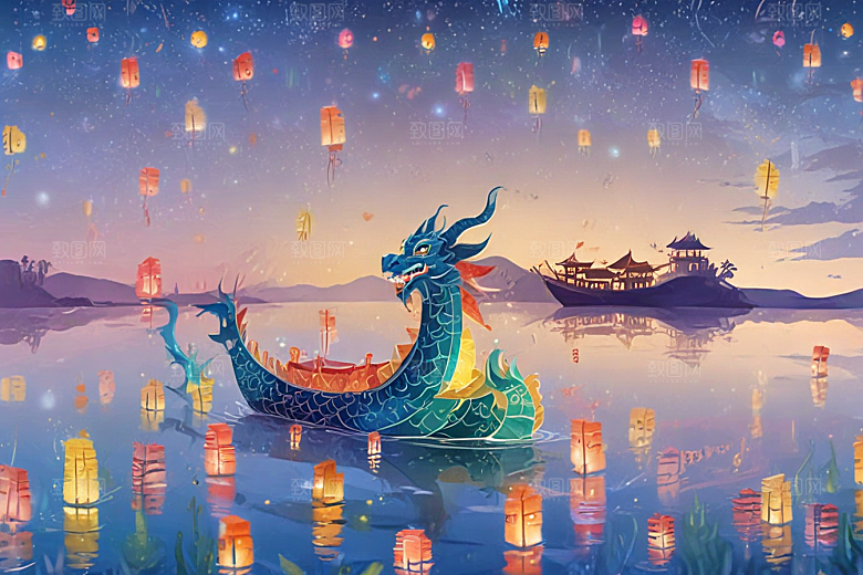 夜晚湖面龙舟游弋光影奇幻图片