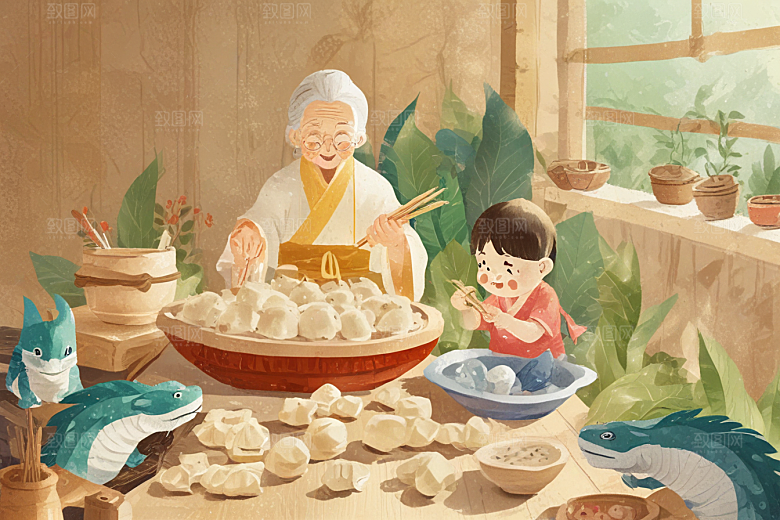 祖孙三代共聚包粽传承温馨时刻图片