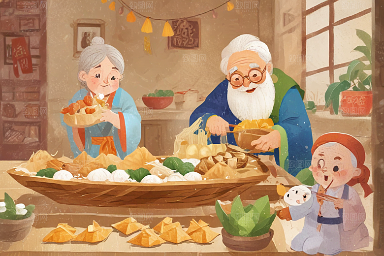 祖孙三代共聚包粽传承温馨时刻图片