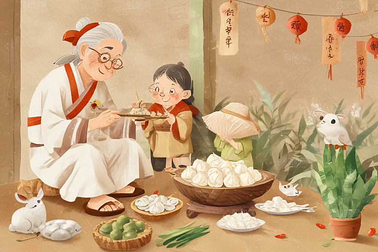 祖孙三代共聚包粽传承温馨时刻图片