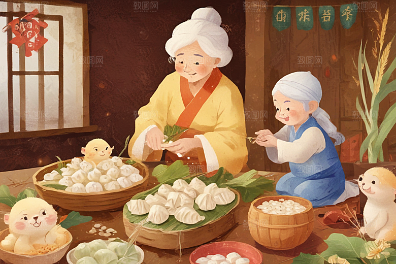祖孙三代共聚包粽传承温馨时刻图片