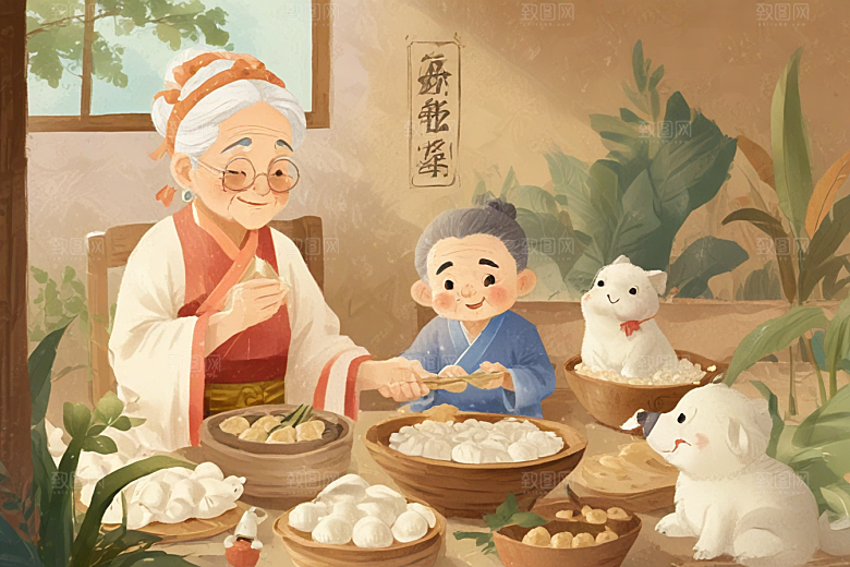 祖孙三代共聚包粽传承温馨时刻图片