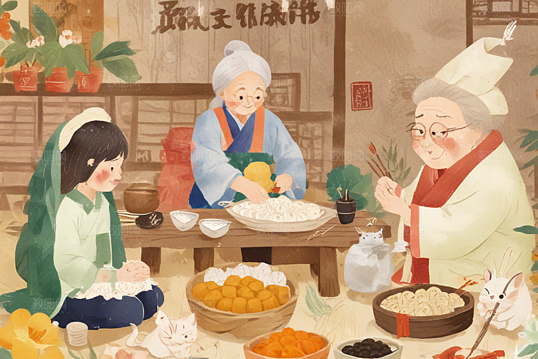 祖孙三代共聚包粽传承温馨时刻图片
