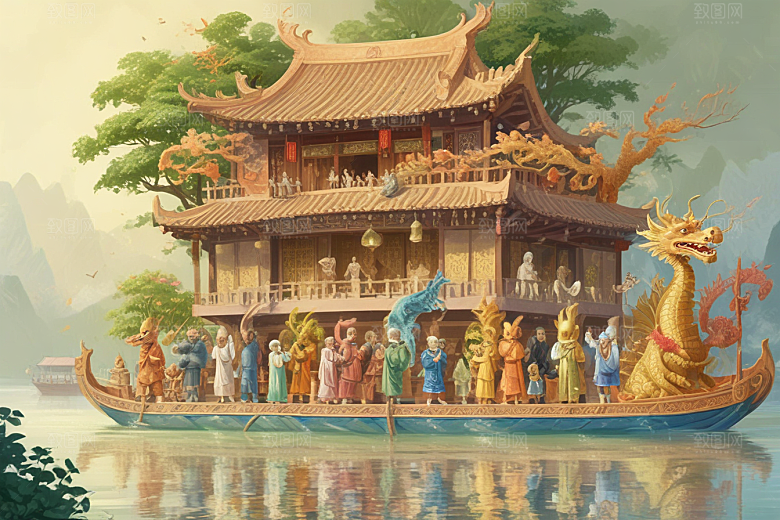 齐天大圣率兽乘龙舟竞渡图片