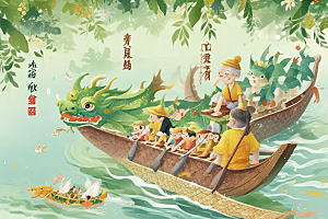 老人携小动物乘舟共游图片