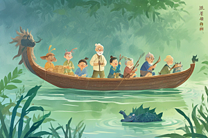 老人携小动物乘舟共游图片
