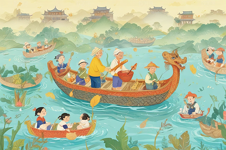 老人携小动物乘舟共游图片
