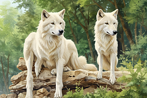 四只狼和一只小狗在森林图片
