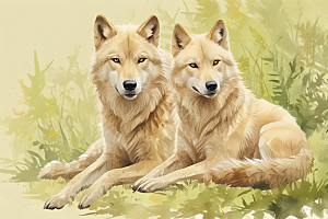 四只狼和一只小狗在森林图片