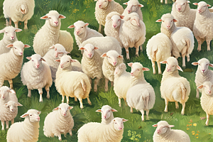 一大群羊和小羊在草地上图片