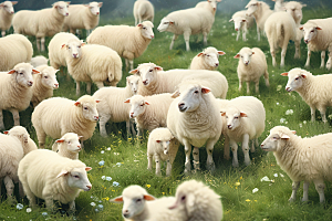 一大群羊和小羊在草地上图片