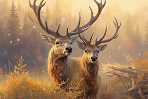 两只雄性麋鹿在森林中图片