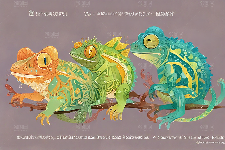 四只不同颜色的可爱小变色龙图片
