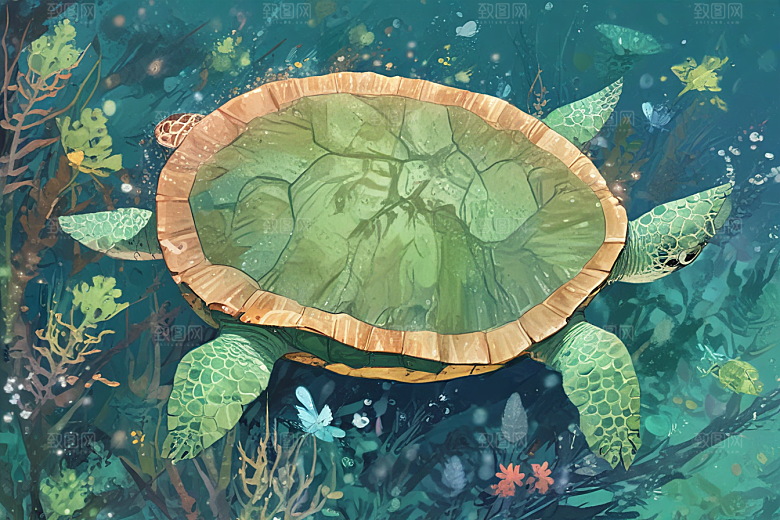 海洋生物插画一只巨大海龟图片