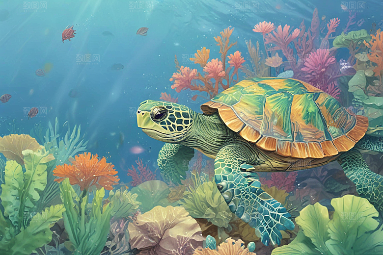 海洋生物插画一只巨大海龟图片