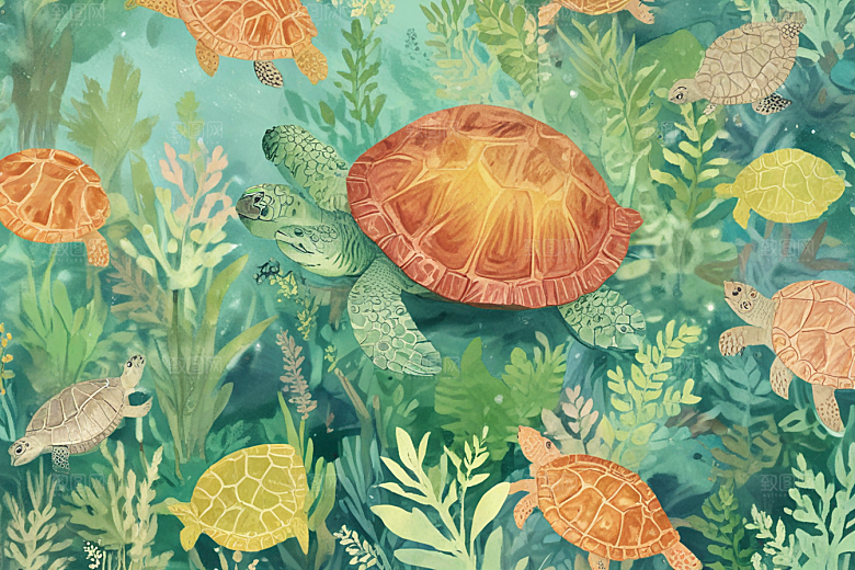 海洋生物插画一只巨大海龟图片