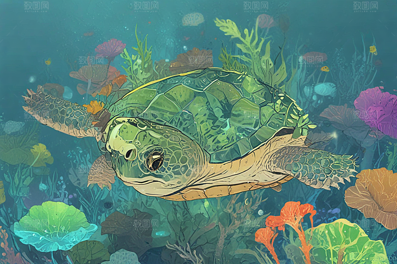 海洋生物插画一只巨大海龟图片