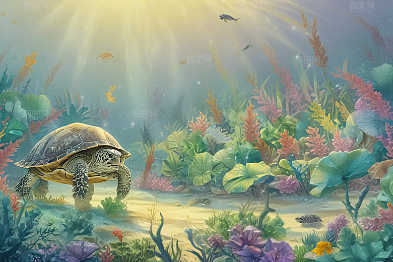 海洋生物插画一只巨大海龟图片