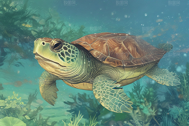 海洋生物插画一只巨大海龟图片