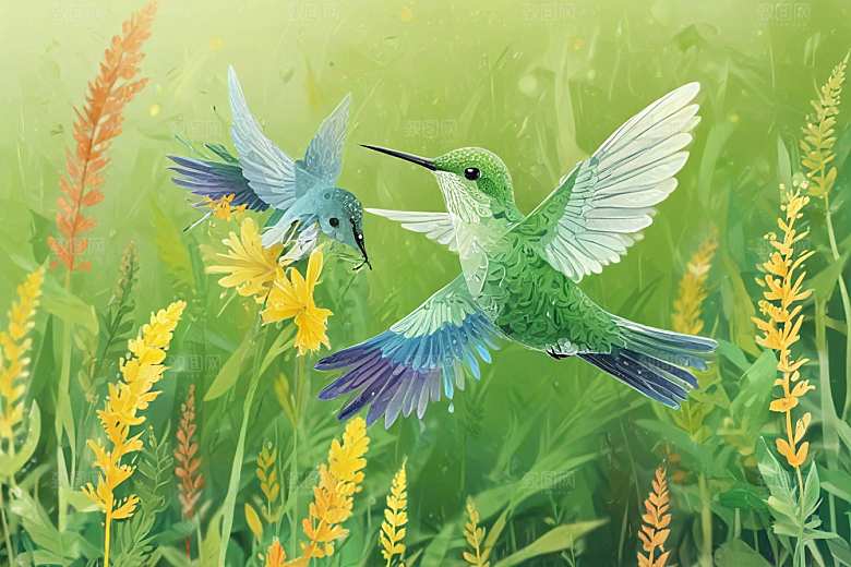 春日花间精灵双头蜂鸟插画图片